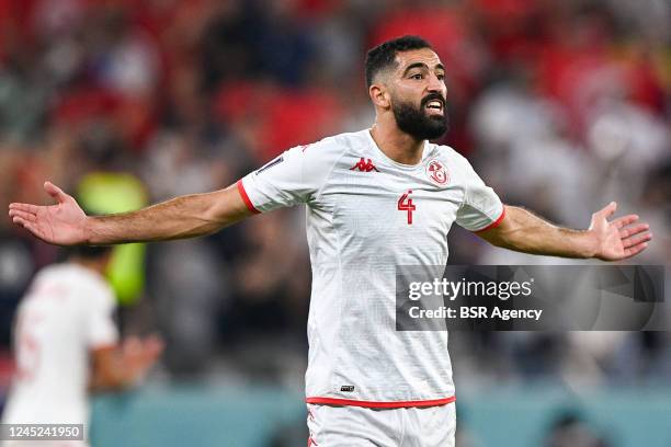 Yassine Meriah of Tunisia reacts during the Group D - FIFA World Cup Qatar 2022 match between Tunisia and France at the Education City Stadium on...