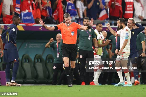 Referee Matthew Conger of New Zealand rules out Antoine Griezmann of Frances goal with VAR ruling it offside during the FIFA World Cup Qatar 2022...