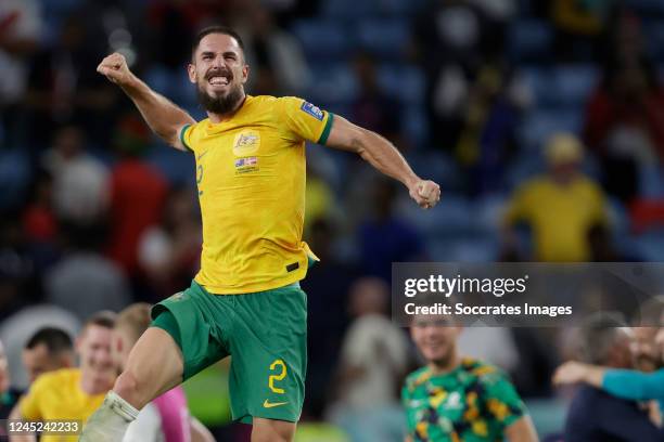 Milos Degenek of Australia celebrates the victory during the World Cup match between Australia v Denmark at the Al Janoub Stadium on November 30,...