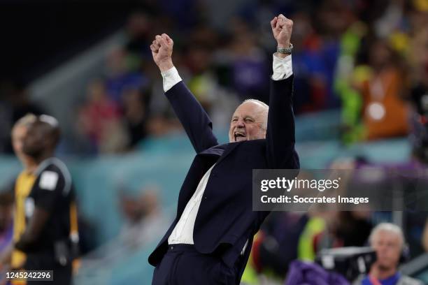 Toch Graham Arnold of Australia celebrates the victory during the World Cup match between Australia v Denmark at the Al Janoub Stadium on November...