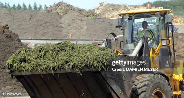 Des engins traitent des algues vertes dans le site de traitement des algues vertes de Lantic, le 19 juillet 2010. La secrétaire d'Etat à l'Ecologie,...