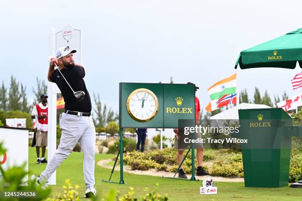 Jon Rahm of Spain hits his shot on the first tee box with his pro-am group prior to the Hero World Challenge at Albany on November 30, 2022 in...