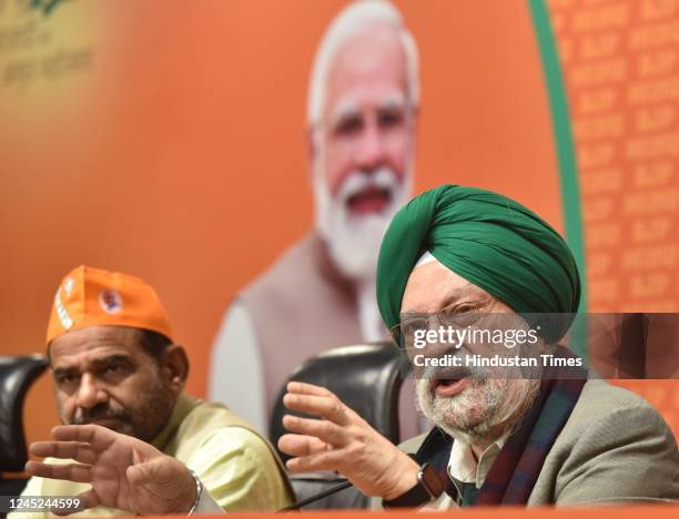 Ramesh Bidhuri and Union Minister Hardeep Singh Puri , during a press conference for upcoming MCD Elections 2022 at BJP HQ, on November 30, 2022 in...