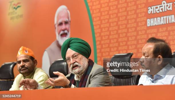 Ramesh Bidhuri, Union Minister Hardeep Singh Puri, and Harsh Vardhan, during a press conference for upcoming MCD Elections 2022 at BJP HQ, on...