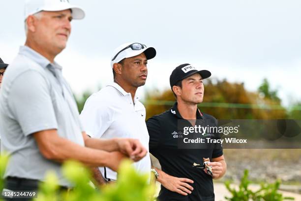 Tiger Woods chats with Viktor Hovland of Norway during Wednesdays pro-am group prior to the Hero World Challenge at Albany on November 30, 2022 in...