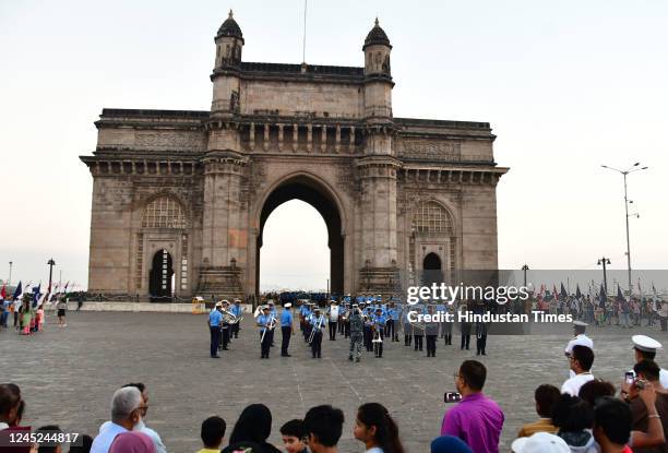 Indian Navy personnel practice for Navy Day celebration near the Gateway of India, Navy Day is celebrated on December 4 every year, on November 28,...