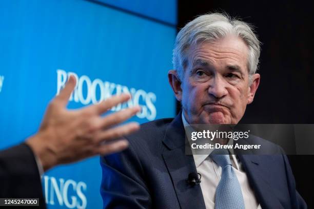 Chair of the U.S. Federal Reserve Jerome Powell participates in a question and answer session after speaking at the Brookings Institution, November...
