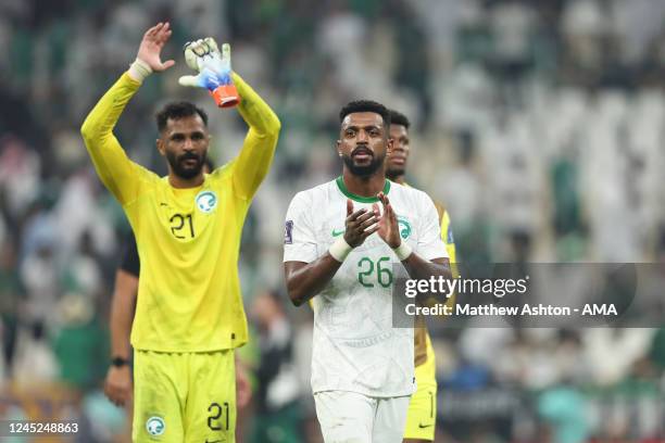 Sami Al-Najei of Saudi Arabia reacts at full time as his team is knocked out of the FIFA World Cup in the group stage during the FIFA World Cup Qatar...