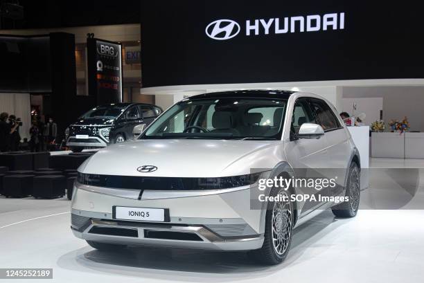 Hyundai Ioniq 5 car seen at the Hyundai stand during the 39th Thailand International Motor Expo in Nonthaburi. The 39th Thailand International Motor...