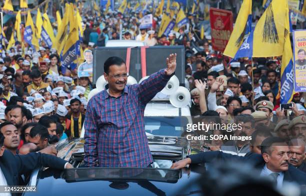 Convenor and Delhi Chief Minister Arivnd Kejriwal seen during his road show election campaign for municipal election corporation. Voters are expected...