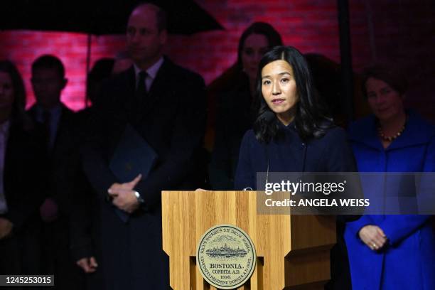 Mayor of Boston Michelle Wu speaks during a Welcome to Earthshot event at City Hall Plaza in Boston, Massachusetts, on November 30, 2022.