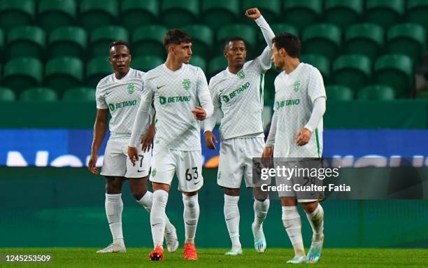 Arthur Gomes of Sporting CP celebrates with teammates after scoring a goal during the Liga Bwin match between Sporting CP and SC Farense at Estadio...