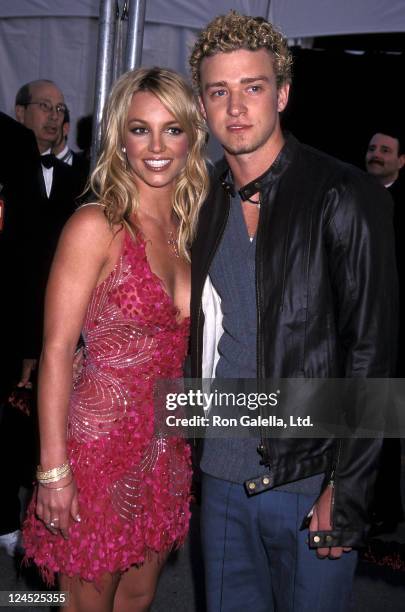 Singer Britney Spears and singer Justin Timberlake of N'Sync attend the 29th Annual American Music Awards on January 9, 2002 at Shrine Auditorium in...