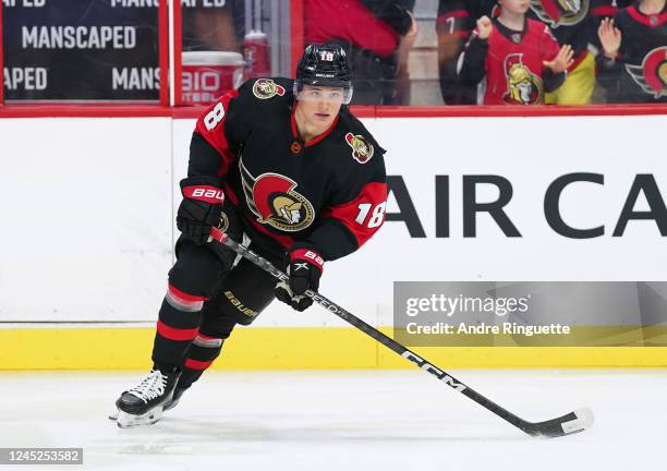 Tim Stützle of the Ottawa Senators skates during warmup wearing the new Reverse Retro jersey prior to a game against the New York Rangers at Canadian...