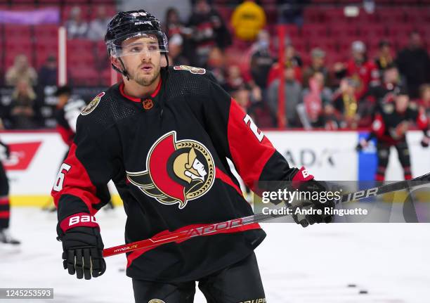 Erik Brannstrom of the Ottawa Senators looks on during warmup wearing the new Reverse Retro jersey prior to a game against the New York Rangers at...