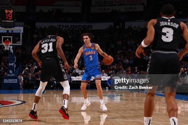 Josh Giddey of the Oklahoma City Thunder handles the ball against defender Keita Bates-Diop of the San Antonio Spurs during the game on November 30,...