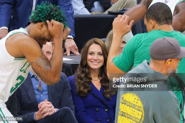 Britain's Prince William and Catherine, Princess of Wales attend the National Basketball Association game between the Boston Celtics and the Miami...