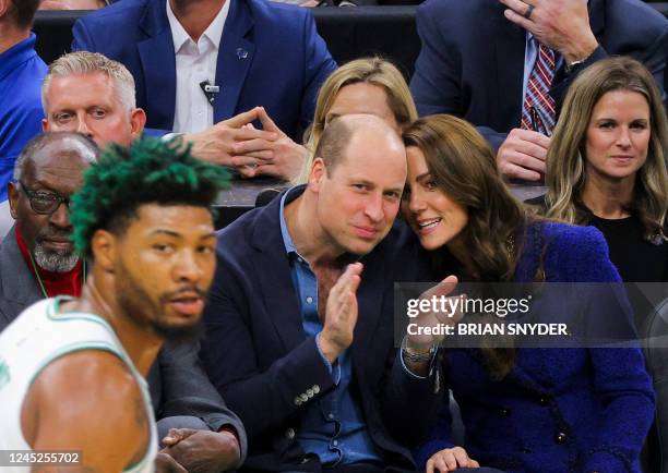 Former Celtics player and coach Tom "Satch" Sanders , Britain's Prince William and Catherine, Princess of Wales, attend the National Basketball...