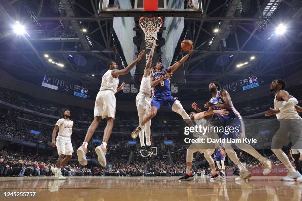 De'Anthony Melton of the Philadelphia 76ers drives to the basket during the game against the Cleveland Cavaliers on November 30, 2022 at Rocket...