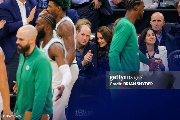Britain's Prince William and Catherine, Princess of Wales, attend the National Basketball Association game between the Boston Celtics and the Miami...