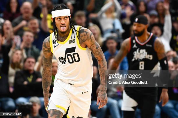 Jordan Clarkson of the Utah Jazz celebrates a three point play during the first half of a game against the LA Clippers at Vivint Arena on November...