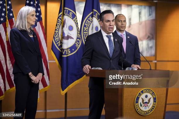 Newly elected House Democratic Caucus Chair Pete Aguilar holds a press conference alongside other newly elected member of House Democratic leadership...