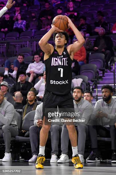 Mojave King of the G League Ignite shoots a three point basket during the game against the Stockton Kings on November 30, 2022 at the Dollar Loan...