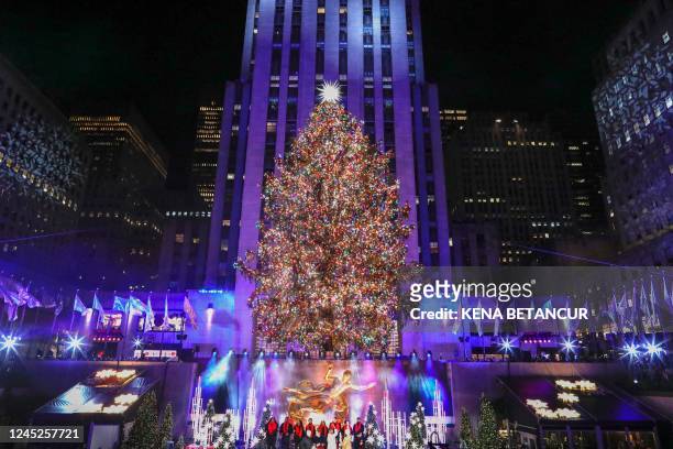 The Christmas Tree in Rockefeller Plaza is seen during the Lighting ceremony in New York City on November 30, 2022.