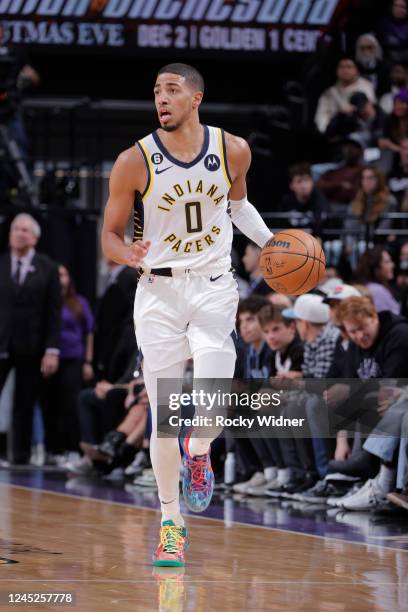 Tyrese Haliburton of the Indiana Pacers dribbles the ball up the court during the game against the Sacramento Kings on November 30, 2022 at Golden 1...