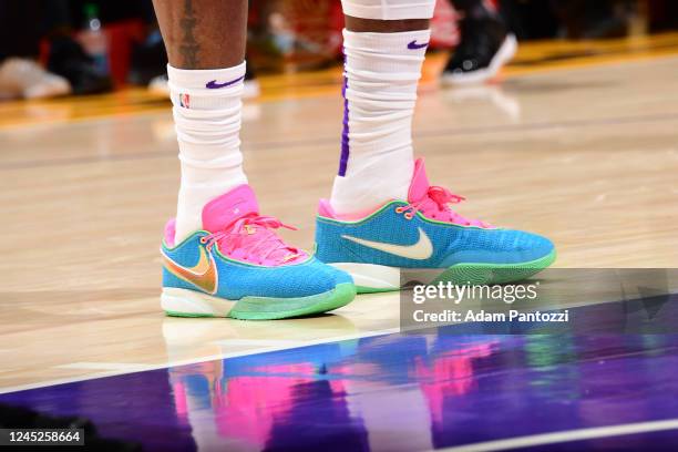The sneakers won by LeBron James of the Los Angeles Lakers during the game against the Portland Trail Blazers on November 30, 2022 at Crypto.Com...
