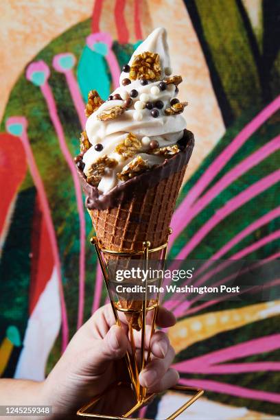 Many Reasons dessert - Almond vanilla soft serve, caramelized pepita crumble, chocolate pearls, and a waffle cone at Joy by Seven Reasons...