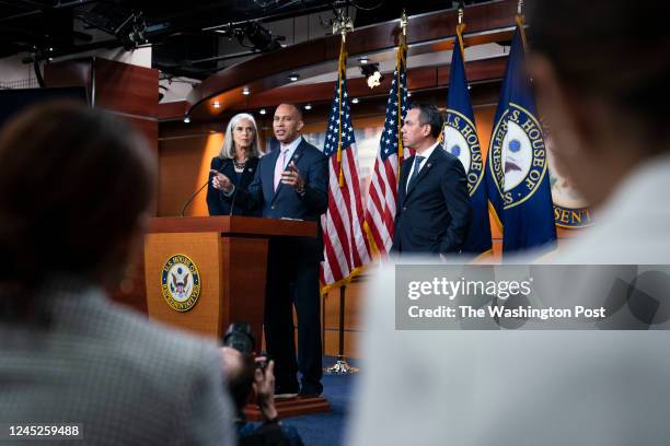 Rep. Katherine Clark, D-MA, Democratic Caucus Chair Hakeem Jeffries, D-NY, and Rep. Pete Aguilar, D-CA, hold a news conference shortly after being...