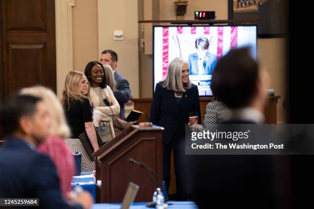 Rep. Katherine Clark speaks to colleagues during the House Democrats leadership election caucus meeting on Capitol Hill in Washington, D.C., on...