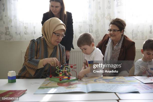 Turkish President Recep Tayyip Erdogan's wife Emine Erdogan accompanied by Turkish Minister of Family and Social Services Derya Yanik meet with...