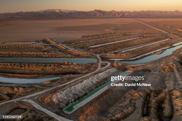 In an aerial view, salt evaporation ponds are seen on Bristol Dry Lake where Standard Lithium Ltd. Is preparing to use Direct Lithium Extraction...