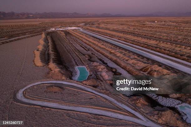 In an aerial view, salt evaporation ponds are seen on Bristol Dry Lake where Standard Lithium Ltd. Is preparing to use Direct Lithium Extraction...