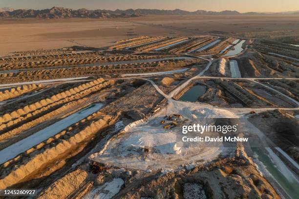In an aerial view, salt evaporation ponds are seen on Bristol Dry Lake where Standard Lithium Ltd. Is preparing to use Direct Lithium Extraction...