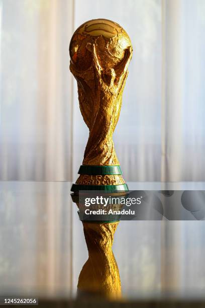 World Cup trophy is on display at the GDE Bertoni headquarters in Milan, Italy on November 21, 2022. GDE Bertoni headquarters is a small building...