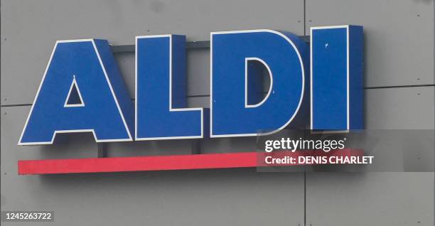 This photograph taken on November 29, 2022 shows a logo of a "Aldi" supermarket in Vendin les Bethune, northern France.