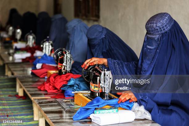 Afghan women work using sewing machines at a workshop in Jalalabad on December 1, 2022.