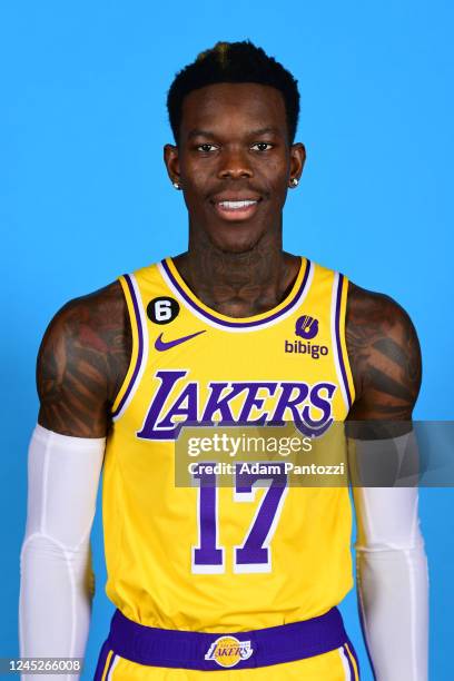 Dennis Schroder of the Los Angeles Lakers poses for a head shot during NBA Media day at UCLA Health Training Center on September 30, 2022 in El...