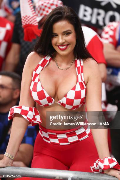 Ivana Knoll former Miss Croatia attends the game during the FIFA World Cup Qatar 2022 Group F match between Croatia and Belgium at Ahmad Bin Ali...