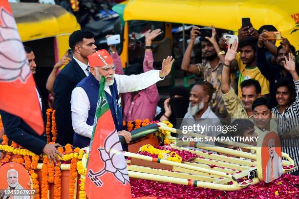 Indias prime minister Narendra Modi gestures during a Bhartiya Janata Party rally, ahead of the second phase of Indias Gujarat state assembly...