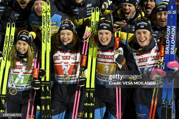 Winner team Sweden Sweden's Anna Magnusson, Sweden's Linn Persson, Sweden's Hanna Oberg and Sweden's Elvira Oberg celebrate with their medals on the...