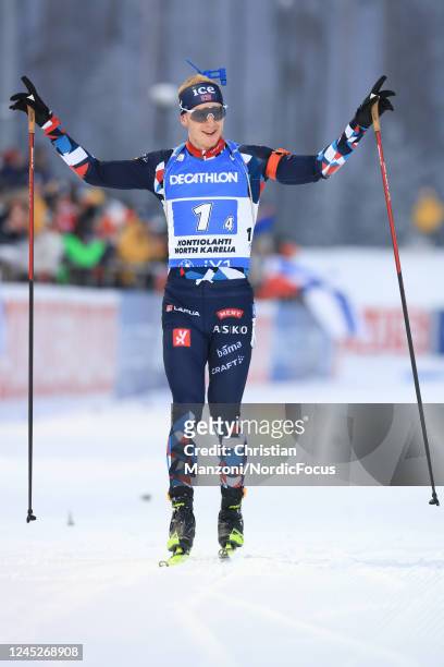 Johannes Thingnes Boe of Norway celebrates during the Men 4x7.5 km Relay at the BMW IBU World Cup Biathlon Kontiolahti on December 1, 2022 in...