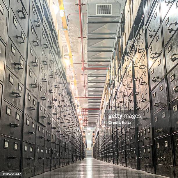 General view of filing cabinets housing historical photographs from the famed Bettmann photographic collection, which is housed 220ft underground in...