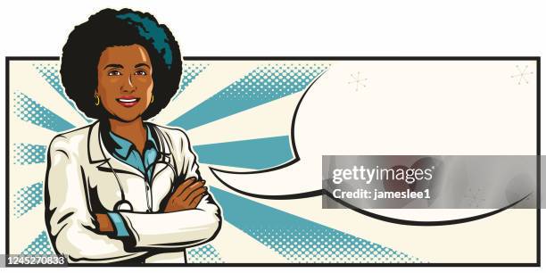 illustrations, cliparts, dessins animés et icônes de beau jeune docteur féminin noir avec des bras croisés - coiffure afro
