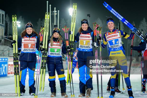 Race winner Sweden with Linn Persson, Anna Magnusson, Hanna Oeberg and Elvira Oeberg celebrate during the Women 4x6 km Relay at the BMW IBU World Cup...