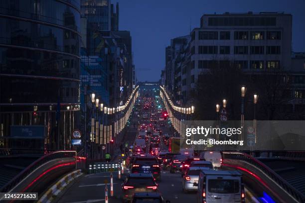 Heavy traffic on Rue de la Loi in Brussels, Belgium, on Thursday, Dec. 1 After years of trying to reduce its car dependency, Brussels has adopted...