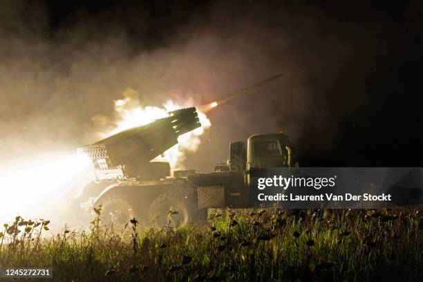 An MRLS, a multiple rocket launcher system, from the 58th brigade of the Ukrainian army responds to a request for a strike on Russian infantry on...